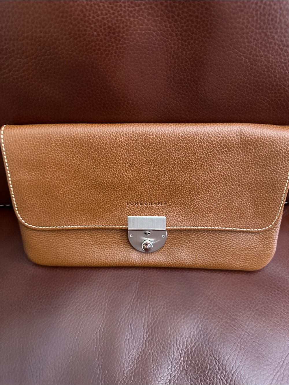 Longchamp Le Foulonné Cognac Pebbled Leather Clutch Wallet
